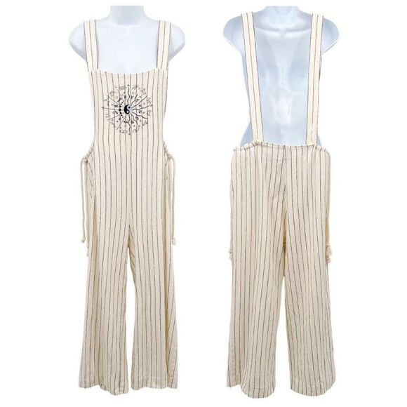 DANNIJO Wide Leg Embroidered Yin Yang Zodiac Cropped Cotton Overalls Jumpsuit - Picture 4 of 14